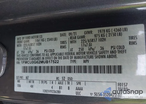 2021 Ford Escape Se z USA, uszkodzony, nr VIN 1FMCU0G62MUB17522